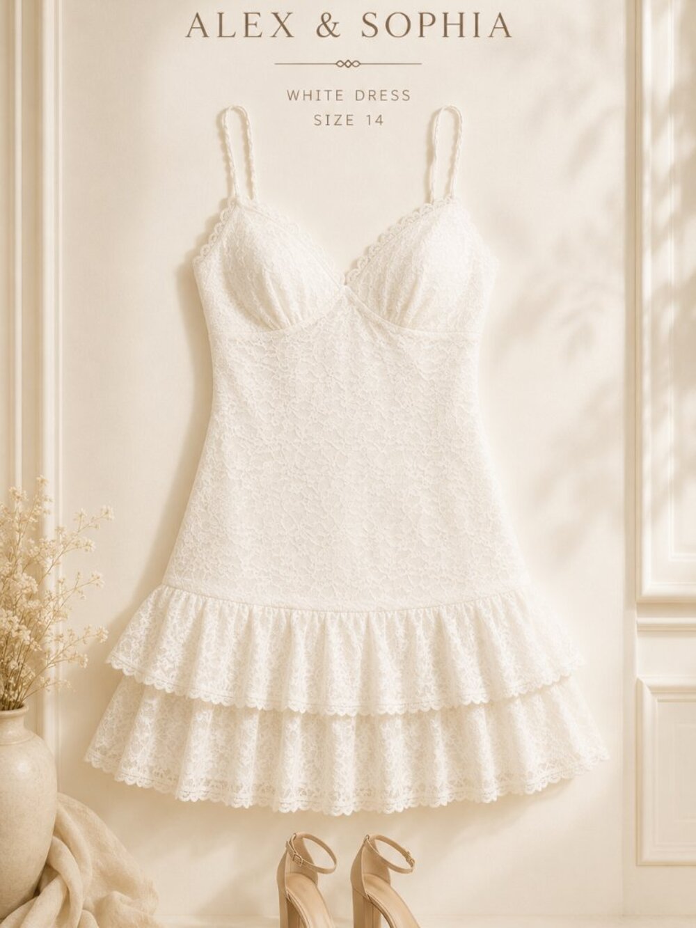Alex & Sophia V-Neck Sleeveless A-Line Mini Lace Dress White Size 14 NWT